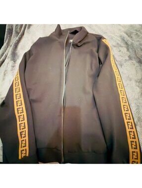 Fendi Black Track Jacket with Brown Logo Stripe Sleeves